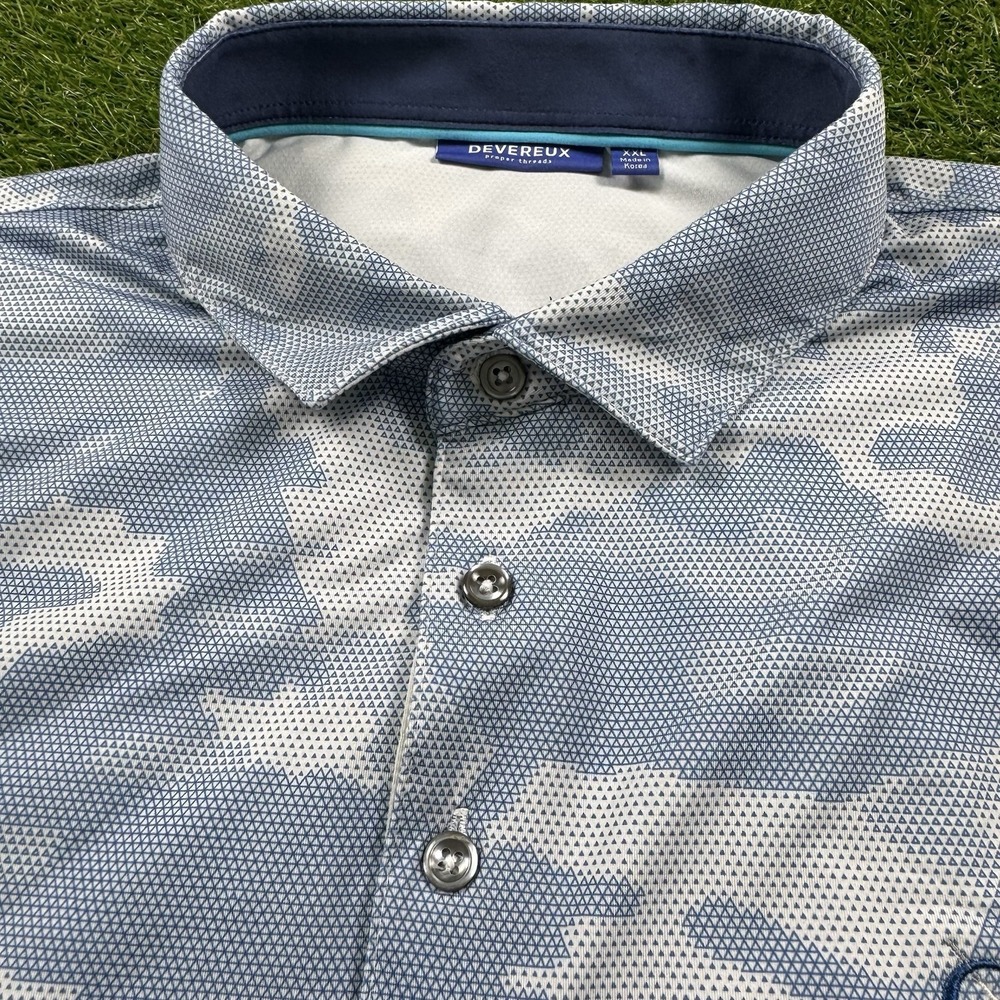 Devereux Polo Shirt Mens XXL Blue Camo Geometric AOP Golf Stretch Performance - Picture 3 of 12